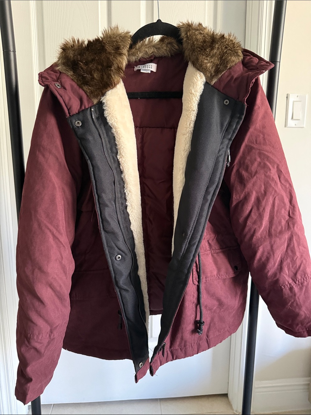 Barneys New York Maroon Faux-Fur Trim Puffer Parka